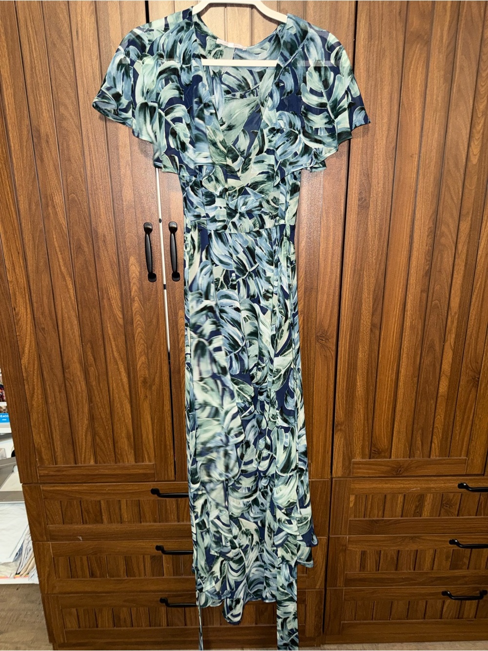 Olivaceous Blue-Green Leaf Wrap Maxi Dress